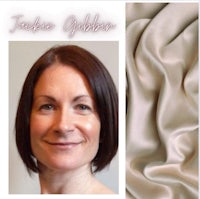 a photo of a woman wearing a beige silk dress