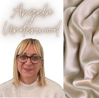 angela underwood in front of a beige silk fabric