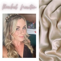 a photo of a woman with long blonde hair and a piece of fabric